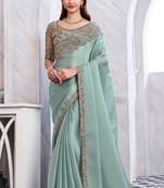 sea green silk blend beautiful embellished saree with embroidered blouse