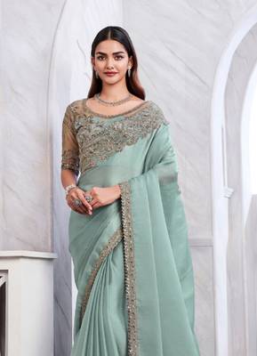 sea green silk blend beautiful embellished saree with embroidered blouse 3