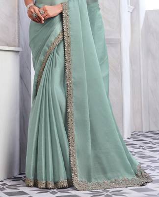 sea green silk blend beautiful embellished saree with embroidered blouse 4