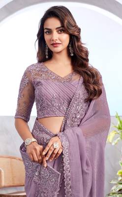 Lavender Silk Beautiful Embellished Saree,Sari Comes With Embroidered Blouse 3