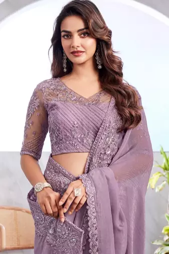 Lavender Silk Beautiful Embellished Saree,Sari Comes With Embroidered Blouse