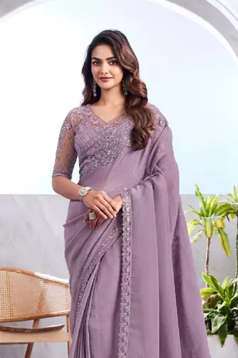Lavender Silk Beautiful Embellished Saree,Sari Comes With Embroidered Blouse