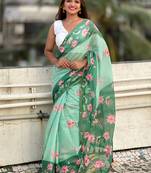 Green digital print cotton saree with unstitched blouse piece