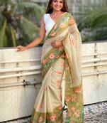 Green digital print cotton saree with unstitched blouse piece