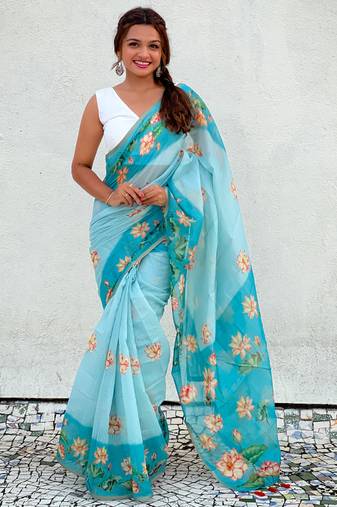 Blue digital print cotton saree with unstitched blouse piece