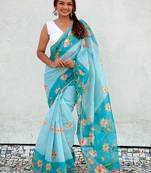 Blue digital print cotton saree with unstitched blouse piece