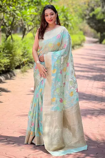 Sky blue zari woven organza women's saree with blouse piece