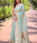 Sky blue zari woven organza women's saree with blouse piece