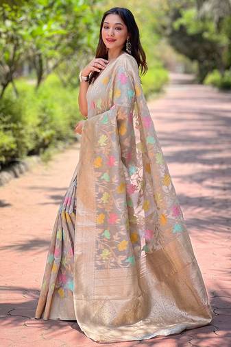 Beige zari woven organza women's saree with blouse piece