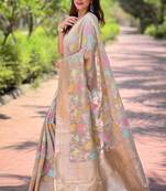 Beige zari woven organza women's saree with blouse piece