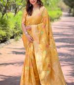 Yellow zari woven organza women's saree with blouse piece