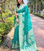 Teal zari woven organza women's saree with blouse piece
