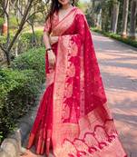 Pink zari woven organza women's saree with blouse piece