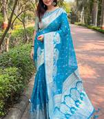 Sky blue zari woven organza women's saree with blouse piece