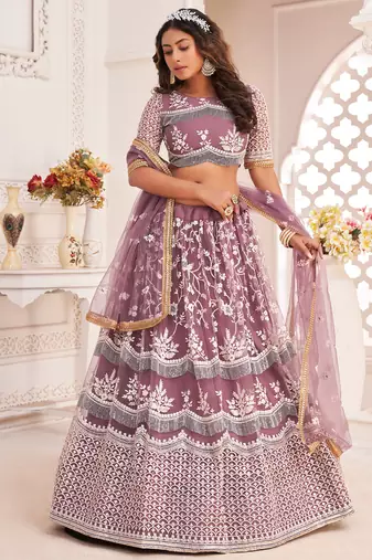  dark onion butterfly net cotton thread lehenga