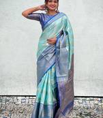 Blue kanchipuram tissue silk saree with unstitched blouse piece