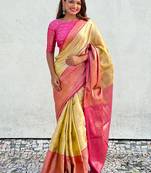 Yellow kanchipuram tissue silk saree with unstitched blouse piece