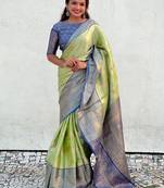 Green kanchipuram tissue silk saree with unstitched blouse piece