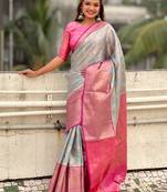 Grey kanchipuram tissue silk saree with unstitched blouse piece