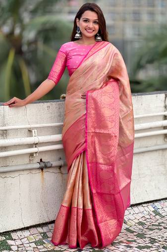 Peach kanchipuram tissue silk saree with unstitched blouse piece