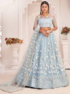 magnificent light sky blue butterfly net cotton thread party lehenga 1