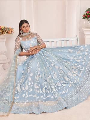 magnificent light sky blue butterfly net cotton thread party lehenga 2
