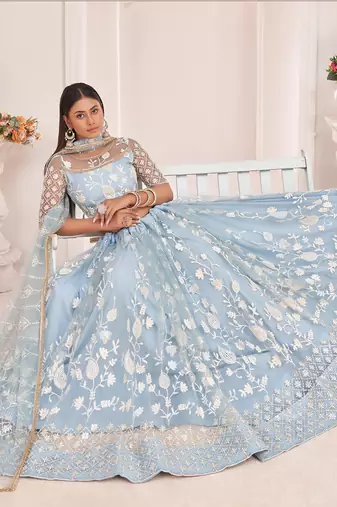 magnificent light sky blue butterfly net cotton thread party lehenga