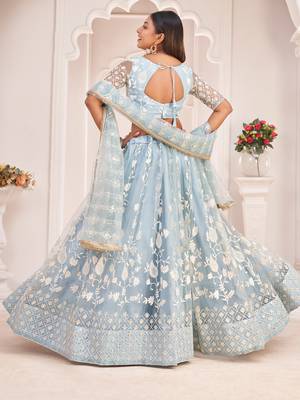 magnificent light sky blue butterfly net cotton thread party lehenga 3