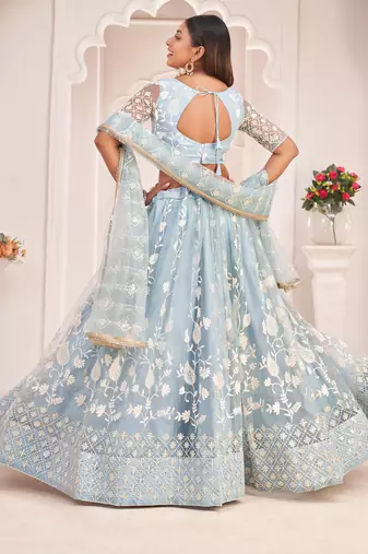 magnificent light sky blue butterfly net cotton thread party lehenga