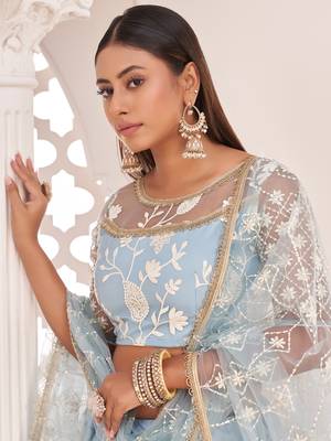 magnificent light sky blue butterfly net cotton thread party lehenga 4