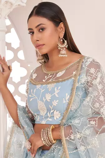 magnificent light sky blue butterfly net cotton thread party lehenga