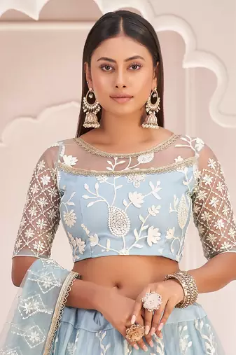 magnificent light sky blue butterfly net cotton thread party lehenga