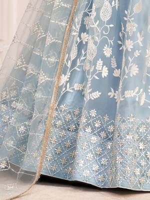 magnificent light sky blue butterfly net cotton thread party lehenga 6