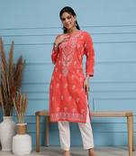 hand embroidered carrot pink cotton lucknow chikan kurta
