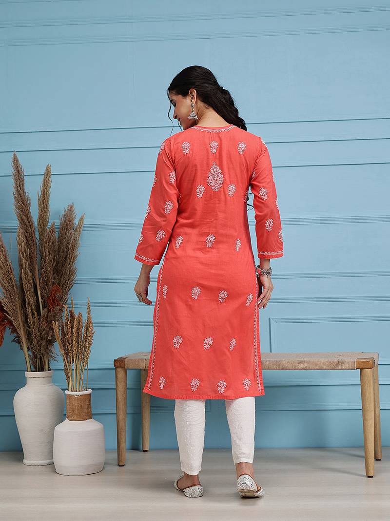 hand embroidered carrot pink cotton lucknow chikan kurta