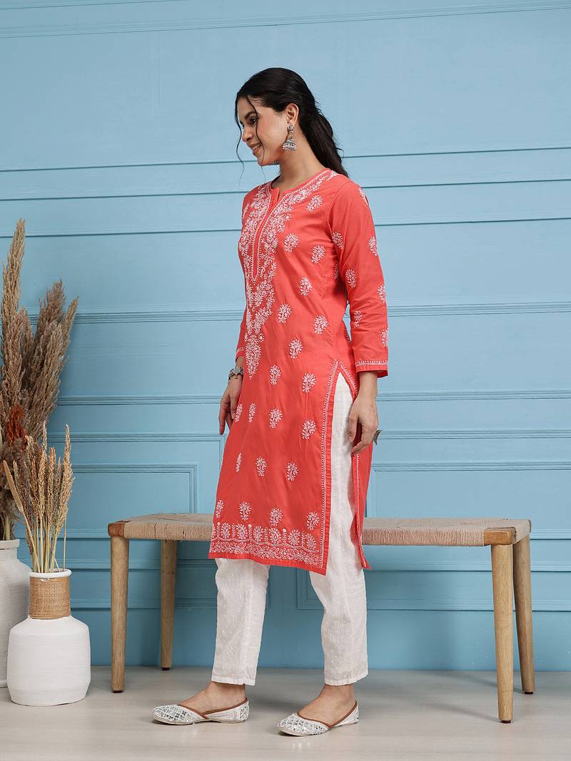 hand embroidered carrot pink cotton lucknow chikan kurta