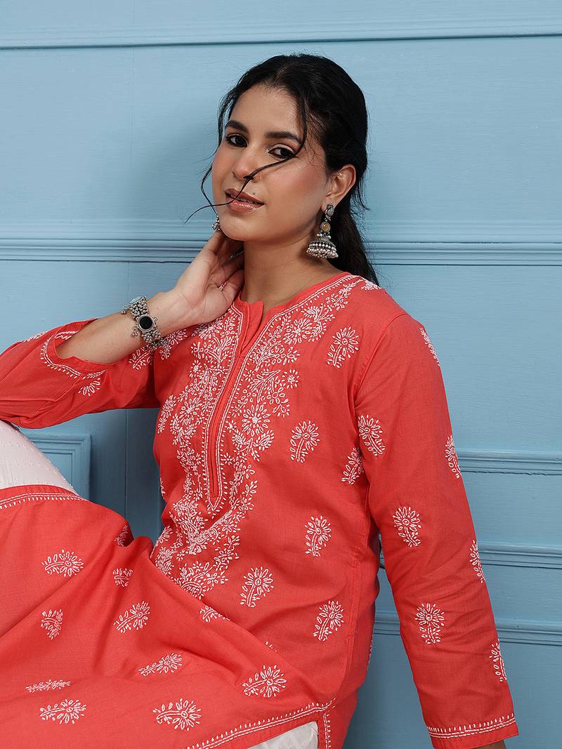 hand embroidered carrot pink cotton lucknow chikan kurta