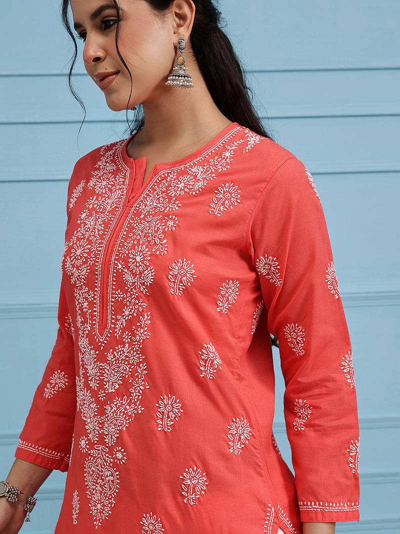 hand embroidered carrot pink cotton lucknow chikan kurta