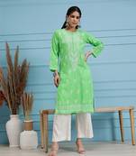 Hand embroidered green cotton lucknowi chikankari straight kurta