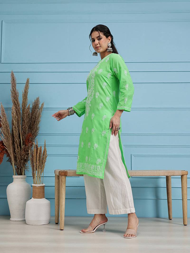 Hand embroidered green cotton lucknowi chikankari straight kurta