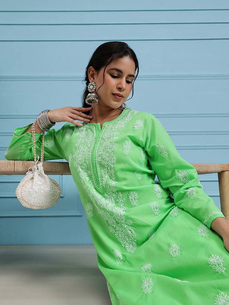Hand embroidered green cotton lucknowi chikankari straight kurta