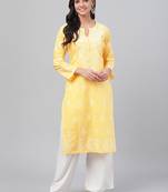hand embroidered yellow cotton lucknowi chikankari straight kurta