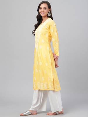 hand embroidered yellow cotton lucknowi chikankari straight kurta 3