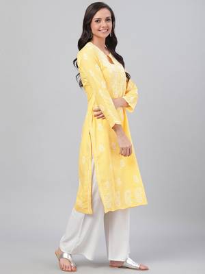 hand embroidered yellow cotton lucknowi chikankari straight kurta 4