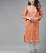 hand embroidered rust cotton lucknow chikan straight kurta