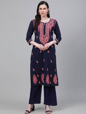 hand embroidered navy blue cotton lucknowi chikankari straight kurta 1