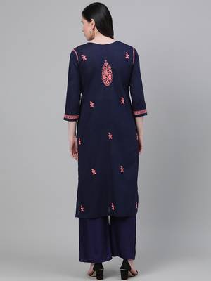 hand embroidered navy blue cotton lucknowi chikankari straight kurta 2