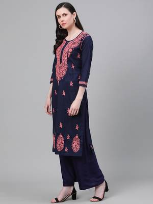 hand embroidered navy blue cotton lucknowi chikankari straight kurta 3