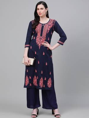 hand embroidered navy blue cotton lucknowi chikankari straight kurta 4