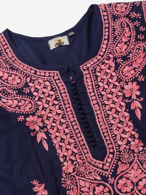 hand embroidered navy blue cotton lucknowi chikankari straight kurta 5